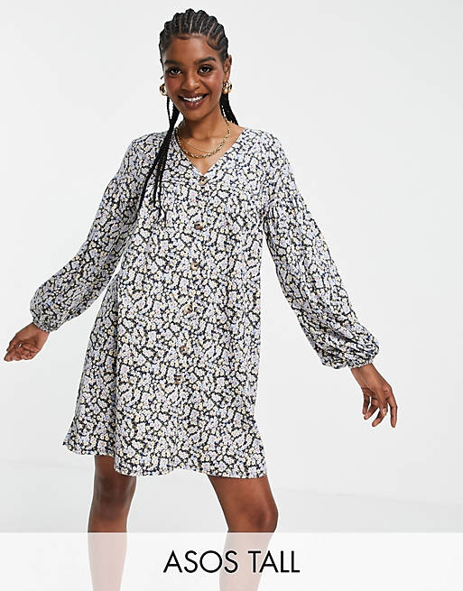 ASOS DESIGN Tall button through mini smock dress with long sleeves in yellow and blue floral