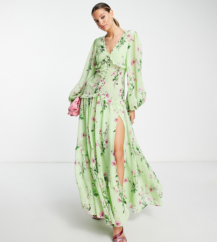ASOS DESIGN Tall button through pintuck maxi dress in green floral print-Multi