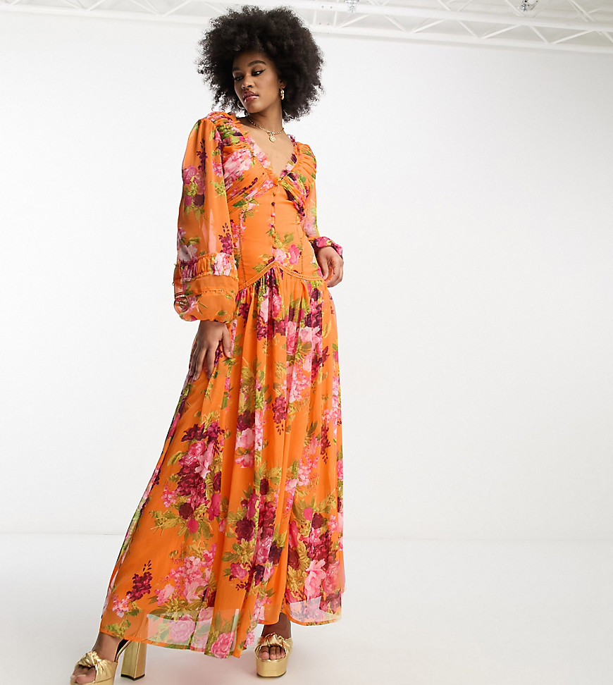 ASOS DESIGN Tall button through pintuck maxi dress with lace inserts in orange floral print-Multi