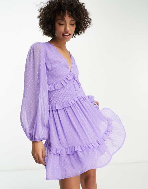 ASOS DESIGN Tall button through pintuck mini textured dress in purple