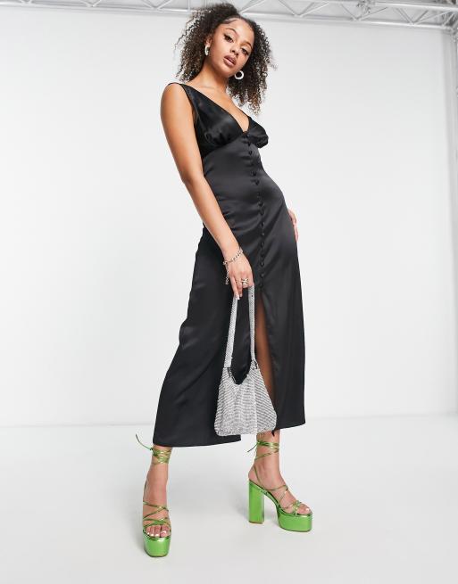 ASOS DESIGN Tall button through satin midi dress in black