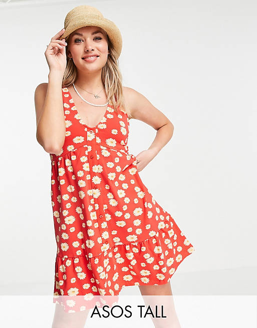Women Tall button through smock dress in red daisy floral print 