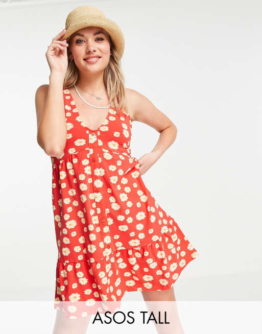 ASOS DESIGN Tall button through smock dress in red daisy floral print