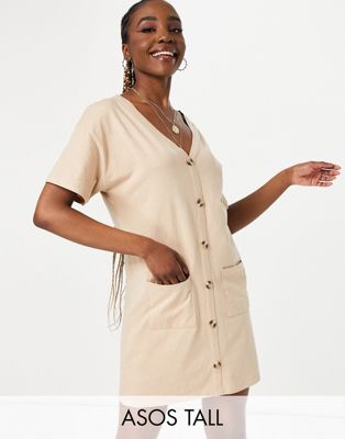 ASOS DESIGN Tall button through t-shirt dress in camel - ASOS Price Checker