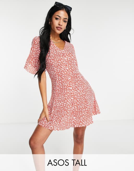 ASOS DESIGN Tall button through tie back mini tea dress with angel sleeve in red floral print