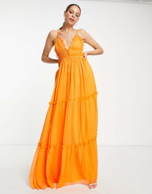 ASOS DESIGN Tall button through tiered maxi dress with lace trim detail in orange