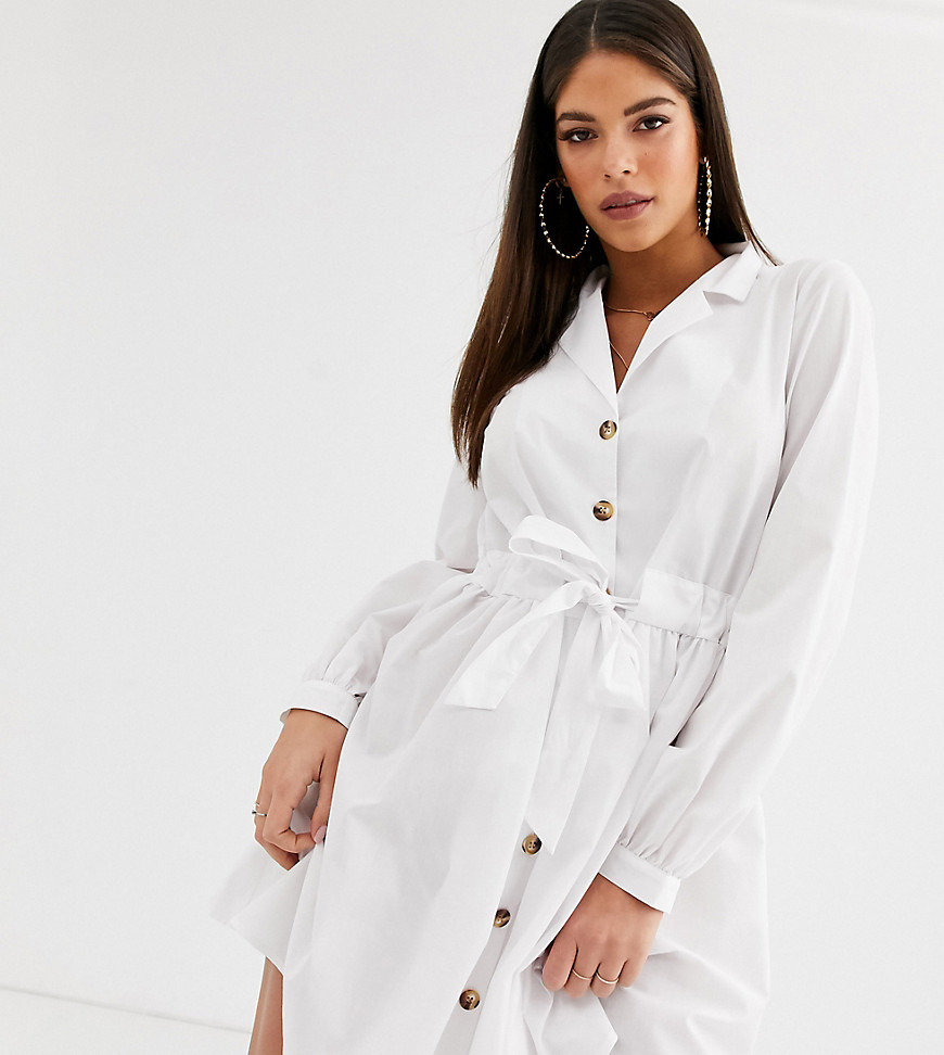 ASOS DESIGN Tall button up mini cotton shirt dress with ruched waist in white