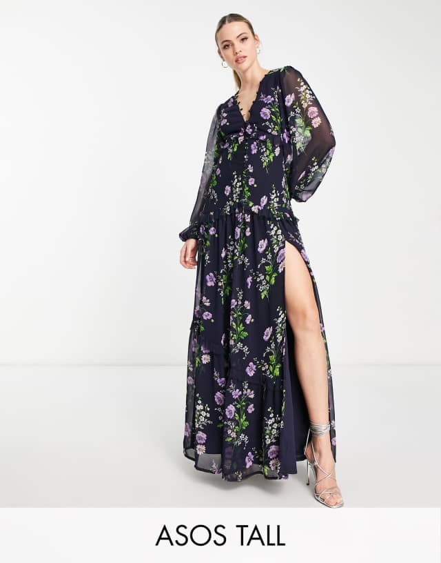 ASOS DESIGN Tall button up pintuck maxi dress in navy floral print