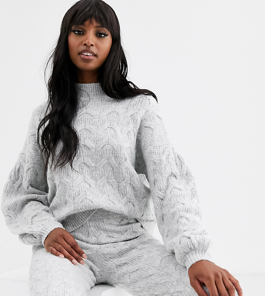 ASOS DESIGN Tall cable co-ord jumper with volume sleeve-Grey