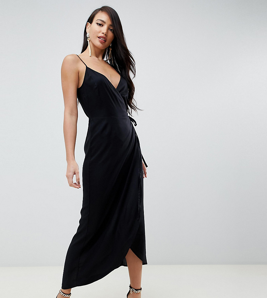 ASOS DESIGN - Tall - Cami lange jurk met overslag-Zwart