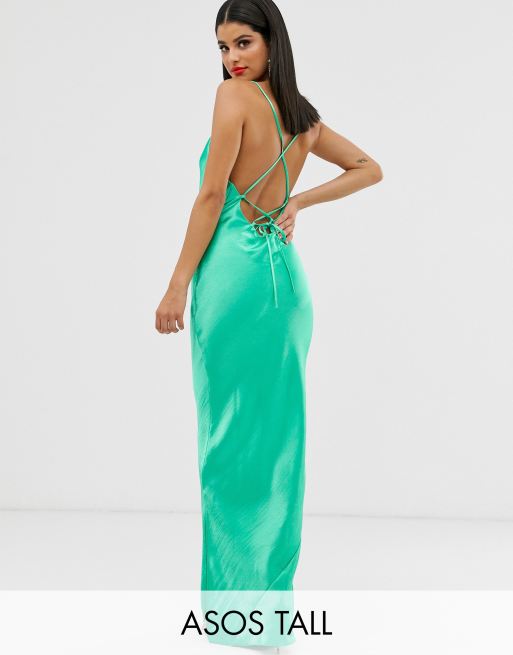 ASOS DESIGN cami maxi slip dress in high shine satin with lace up