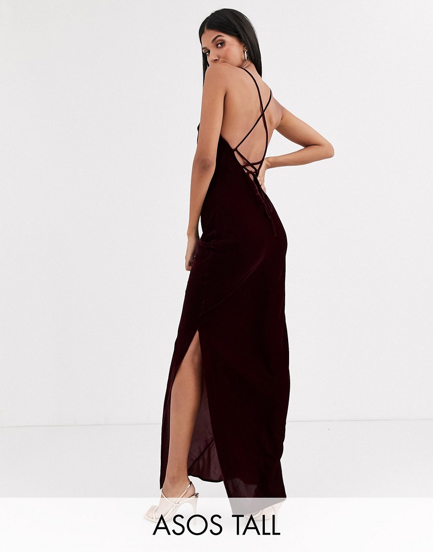 ASOS DESIGN Tall cami maxi slip dress in velvet with lace up back-Navy