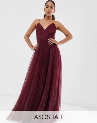 ASOS DESIGN Tall cami pleated tulle maxi dress in oxblood-Red