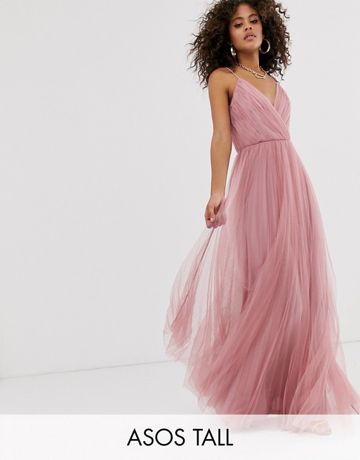 ASOS DESIGN Tall cami pleated tulle maxi dress in rose