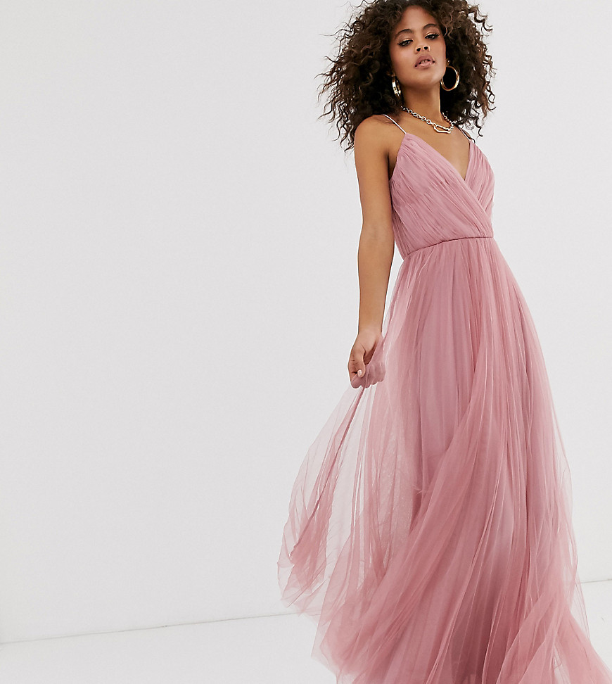 ASOS DESIGN Tall cami pleated tulle maxi dress-Pink