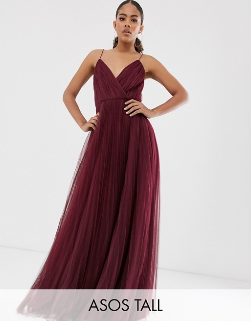 ASOS DESIGN Tall cami pleated tulle maxi dress in oxblood