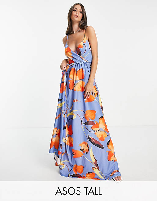 ASOS DESIGN Tall cami plunge tie back maxi dress in floral print