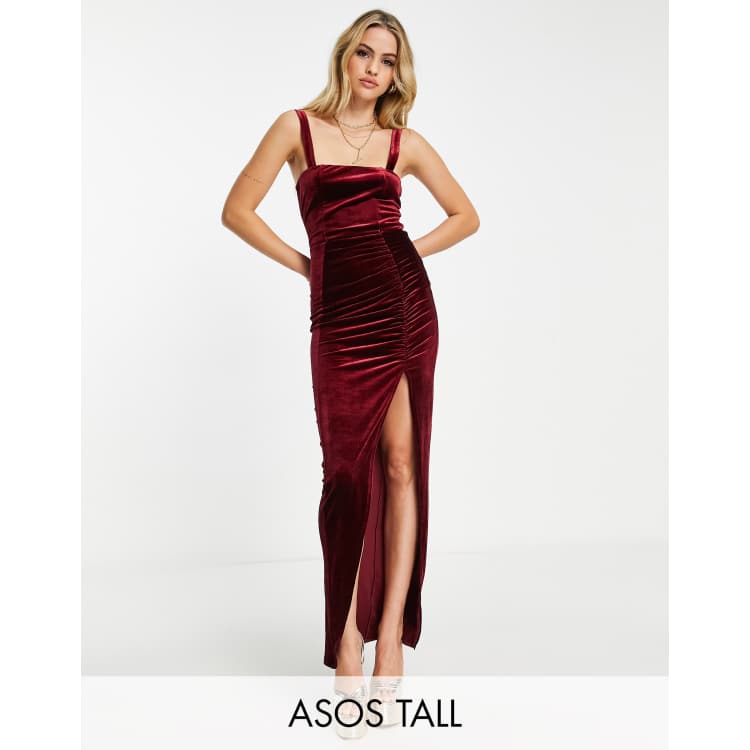 ASOS DESIGN Tall cami ruched midi dress in wine velvet