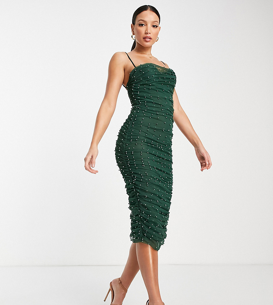 ASOS Tall ASOS DESIGN Tall cami ruched pearl mesh body-conscious midi dress in forest green-Multi