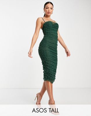 ASOS DESIGN Tall cami ruched pearl mesh bodycon midi dress in forest green