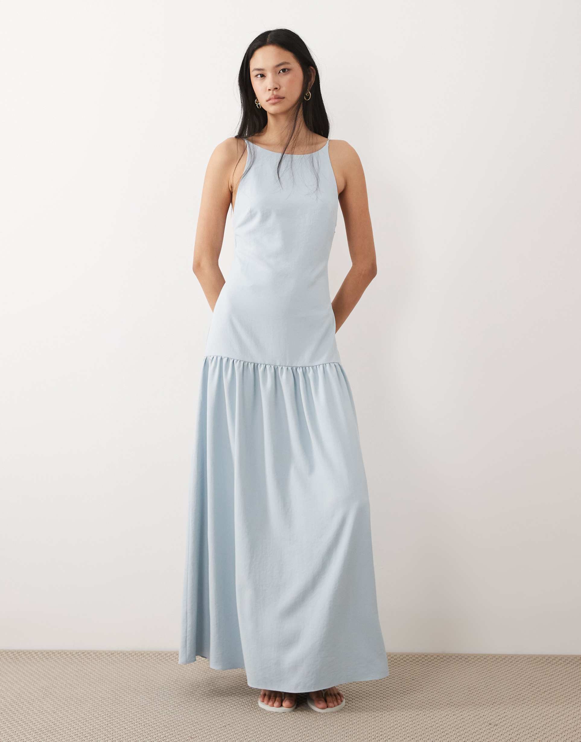asos design tall cami scoop neck drop waist maxi dress in light blue