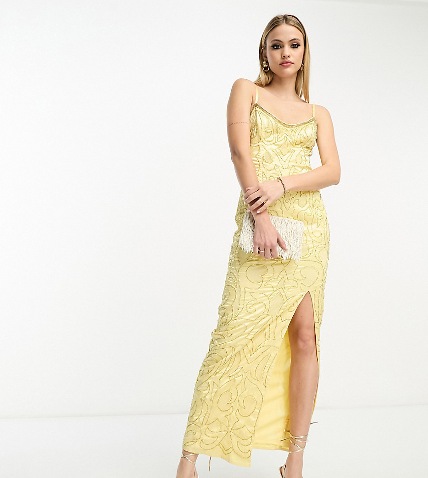 ASOS DESIGN Tall cami sequin embellished seamed midi dress in lemon-Yellow
