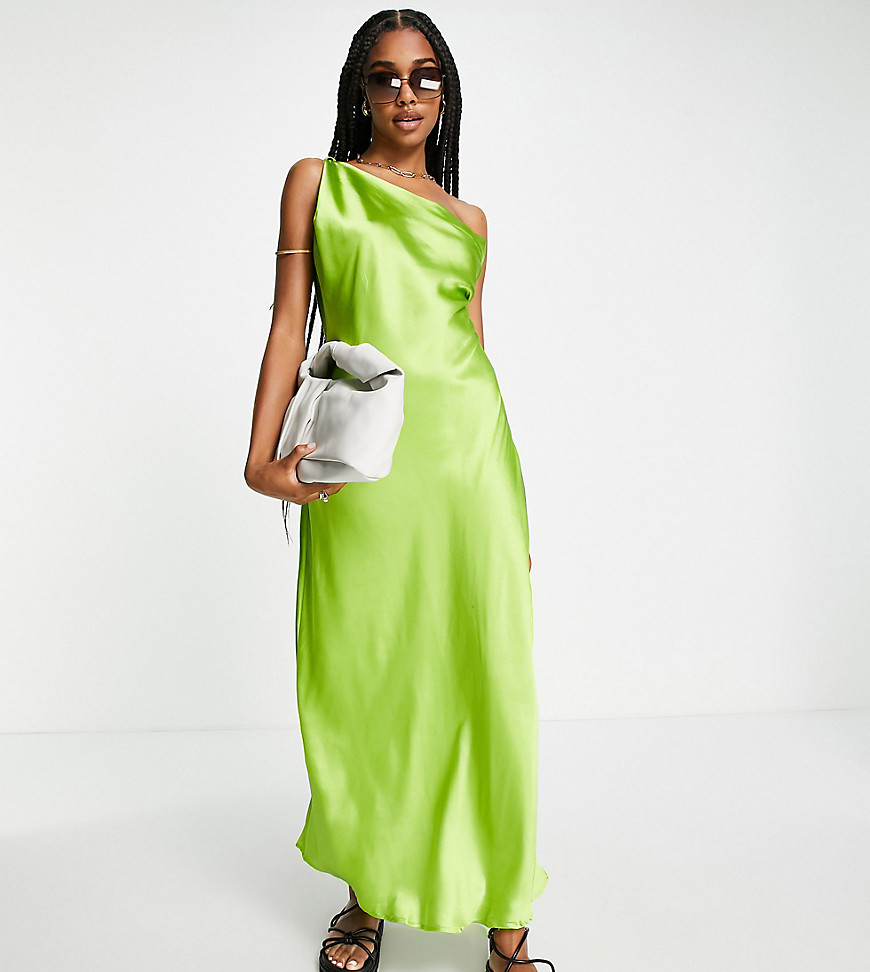 ASOS DESIGN Tall cami slip one shoulder maxi beach dress in green satin