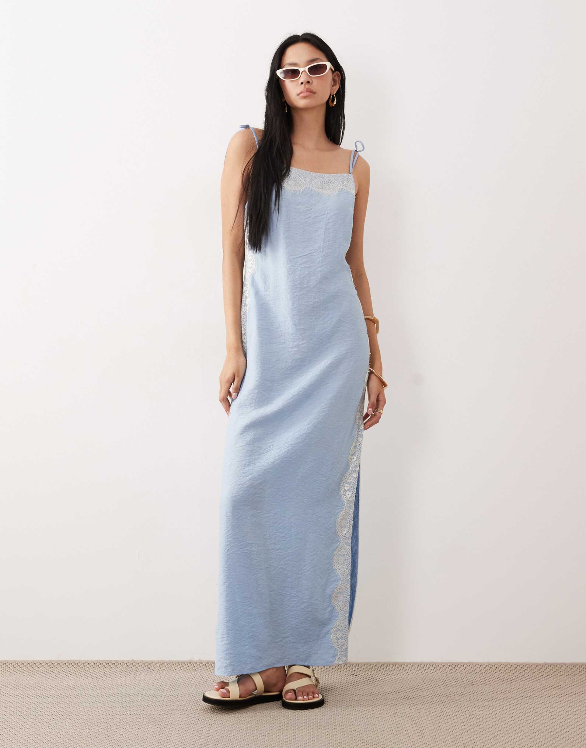 asos design tall cami square neck crinkle satin lace detail maxi dress in sky blue