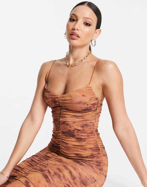 Rust Woven Strappy Ruched Strappy Bodycon Dress