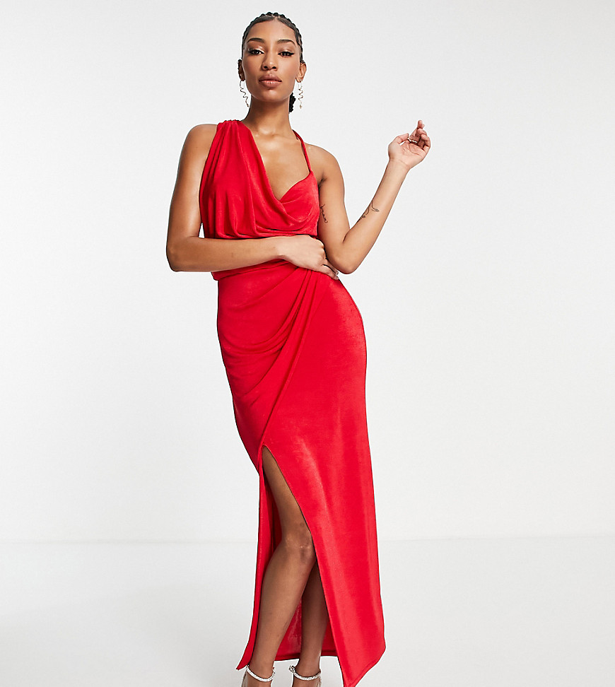 ASOS DESIGN Tall cami strappy drape tuck wrap midi dress in red