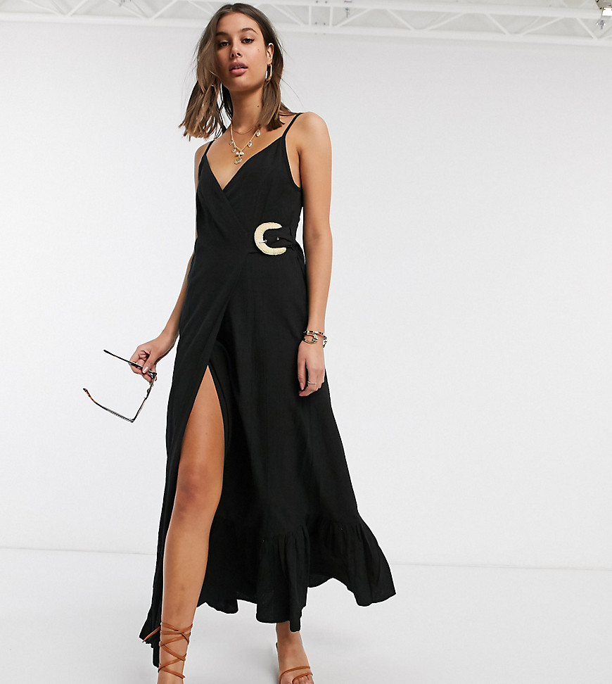 ASOS DESIGN Tall cami wrap maxi dress in linen with wicker belt-Black