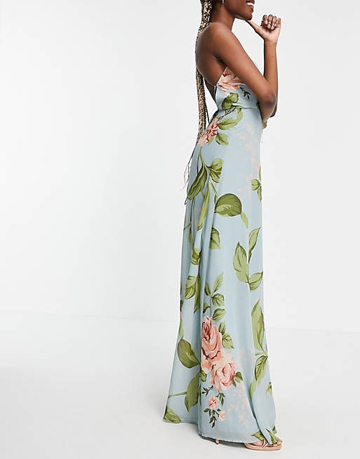Women Tall cami wrap maxi dress with lace up back in large blue floral print 
