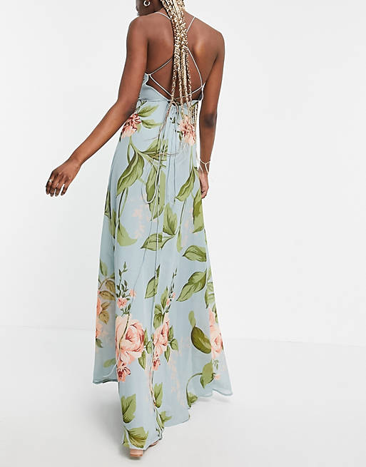 Women Tall cami wrap maxi dress with lace up back in large blue floral print 