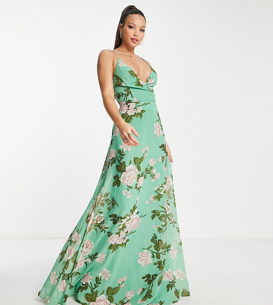 ASOS Tall ASOS DESIGN Tall cami wrap maxi dress with lace up back in sage floral-Multi