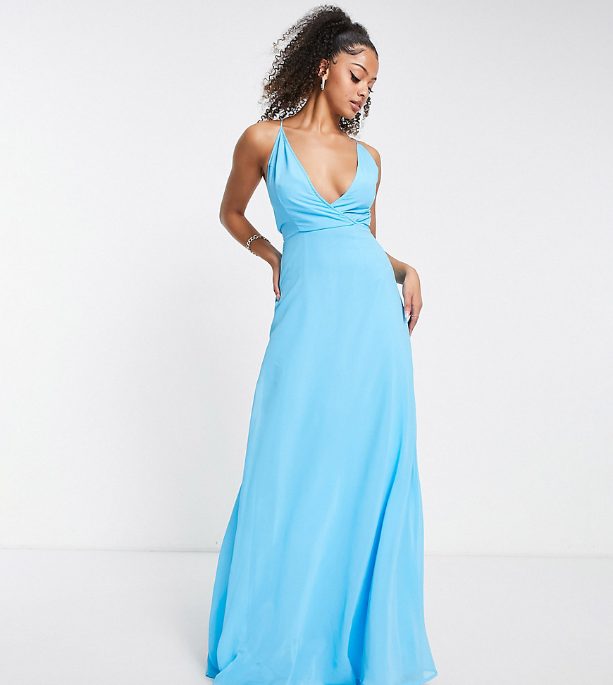 ASOS Tall ASOS DESIGN Tall cami wrap maxi dress with lace up back-Blue