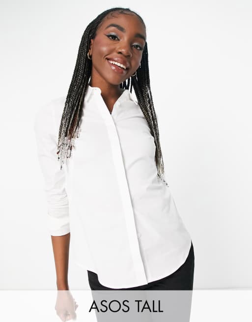 ASOS DESIGN Tall - Camicia aderente a maniche lunghe in cotone elasticizzato bianco