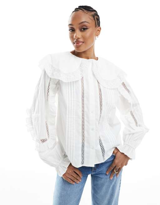 ASOS DESIGN Tall - Camicia color avorio con colletto grande e inserti in pizzo e pizzo sangallo
