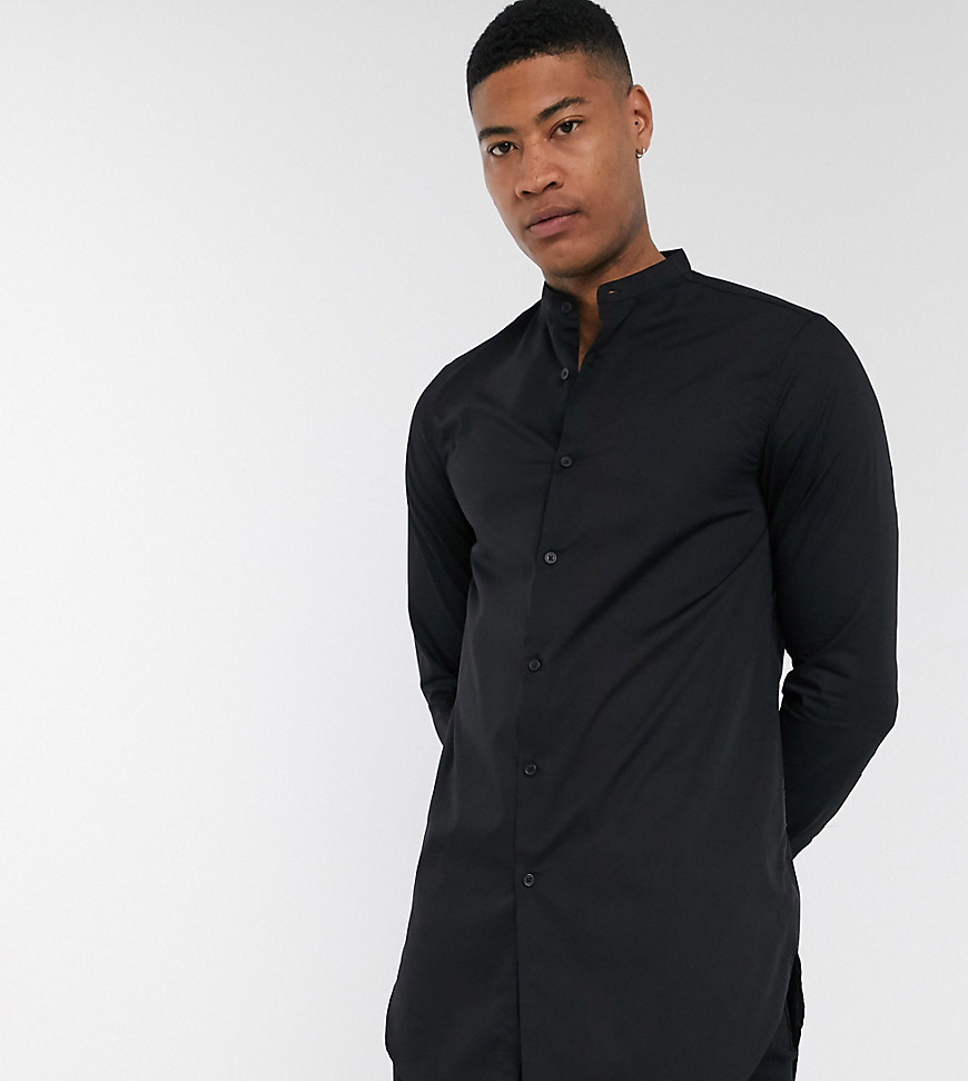 ASOS DESIGN Tall - Camicia extra lunga nera vestibilità classica con collo serafino-Nero
