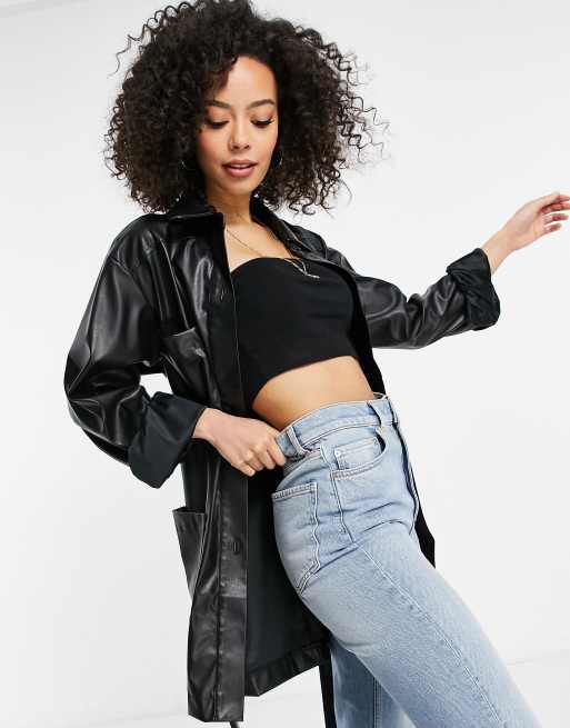 ASOS DESIGN Tall - Camicia giacca in pelle sintetica nera con allacciatura in vita, 3 di 4
