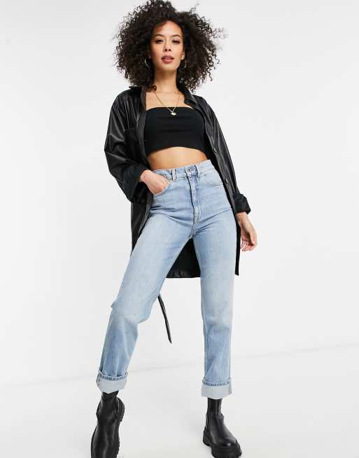 ASOS DESIGN Tall - Camicia giacca in pelle sintetica nera con allacciatura in vita, 4 di 4