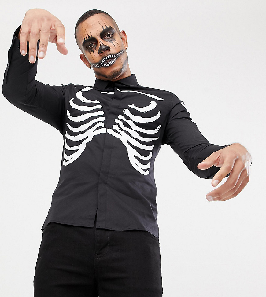 ASOS DESIGN Tall - Camicia per Halloween skinny con stampa di cassa toracica nera-Nero