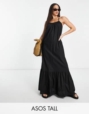 ASOS DESIGN Tall - Camisole-Strandkleid in Schwarz in Maxi-Länge mit hinten abfallendem Saum