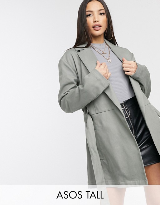 ASOS DESIGN Tall canvas belted shacket in sage