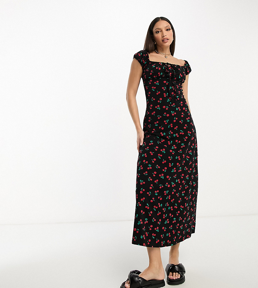 Asos Tall Asos Design Tall Cap Sleeve Ruched Midi Tea Dress In Black Cherry Print-multi