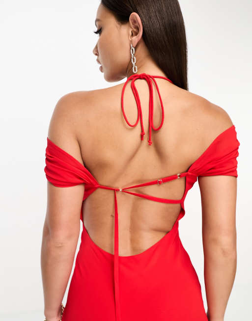 ASOS DESIGN Tall cap sleeve strappy open back bias maxi dress in red