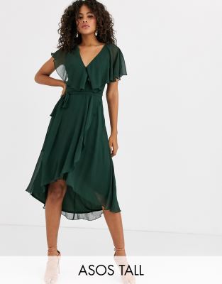 ASOS DESIGN Tall cape back dipped hem midi dress-Green