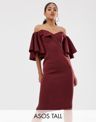 cape flutter bardot midi dress