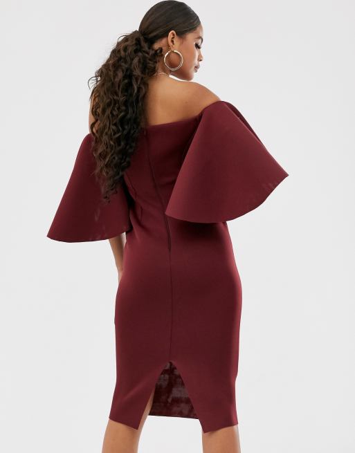 cape flutter bardot midi dress