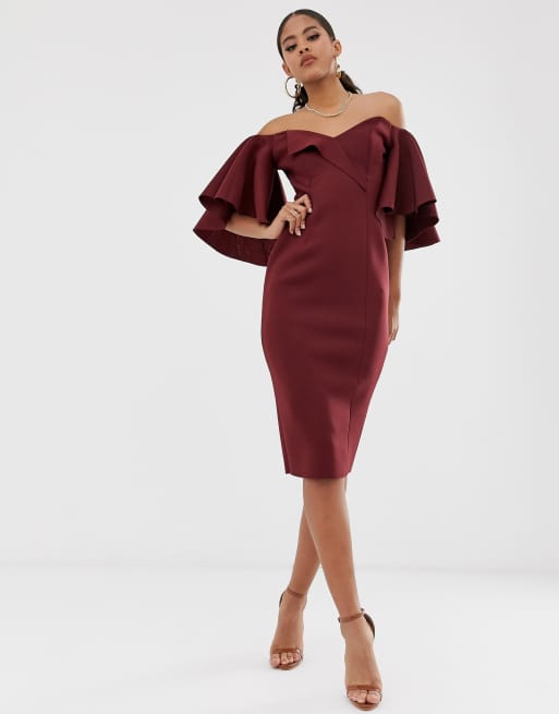 cape flutter bardot midi dress