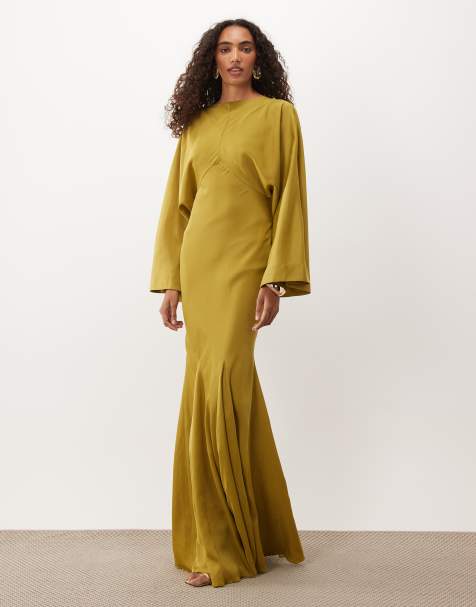 ASOS DESIGN Tall cape kimono sleeve maxi dress with godets and tassel tie detail in golden olive - view 1